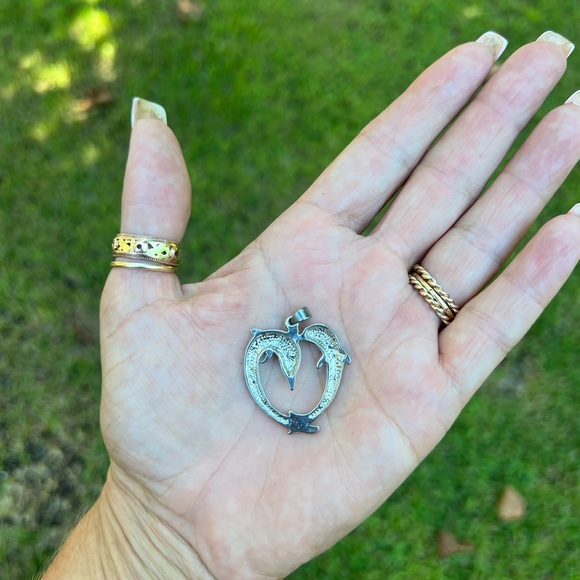 Faux Blue Opal Double Dolphin Heart Pendant 👠 - Picture 5 of 17